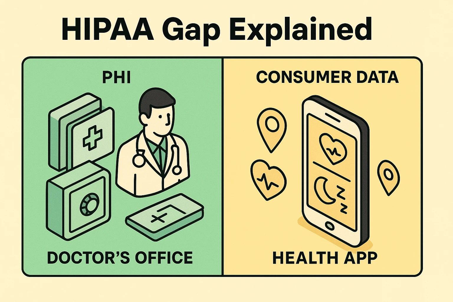 A simple visual showing a doctor's office on one side labeled "Protected by HIPAA" and a smartphone on the other side labeled "Usually NOT Protected by HIPAA," with a clear gap in between.