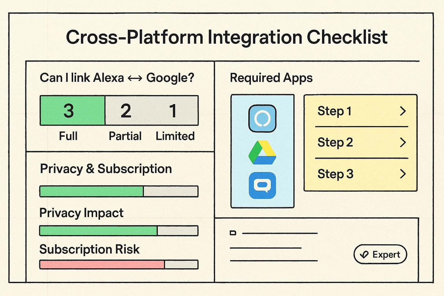 A straightforward integration checklist that maps compatibility, required apps, and quick steps — built to reduce confusion and accelerate linking decisions.