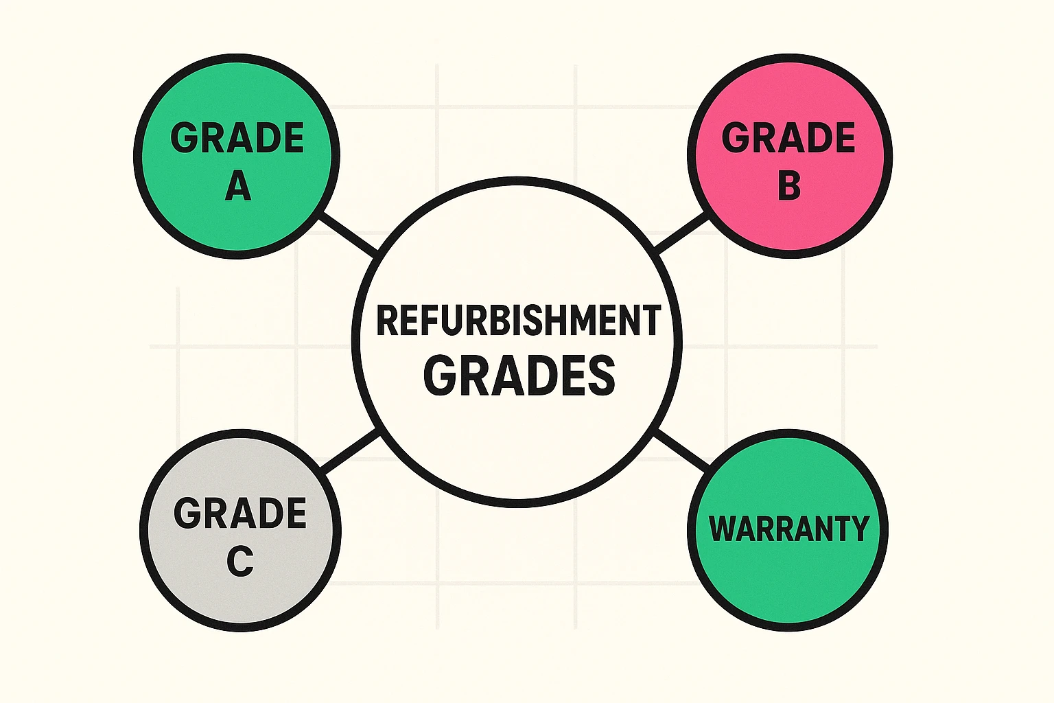 An infographic explaining the different grades of refurbished products (Pristine, Excellent, Very Good) and highlighting the importance of a warranty.
