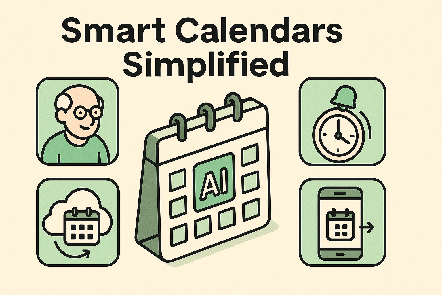 An illustration showing a friendly, simple smart calendar interface with icons for health, family, and reminders, presented as a helpful assistant for seniors.