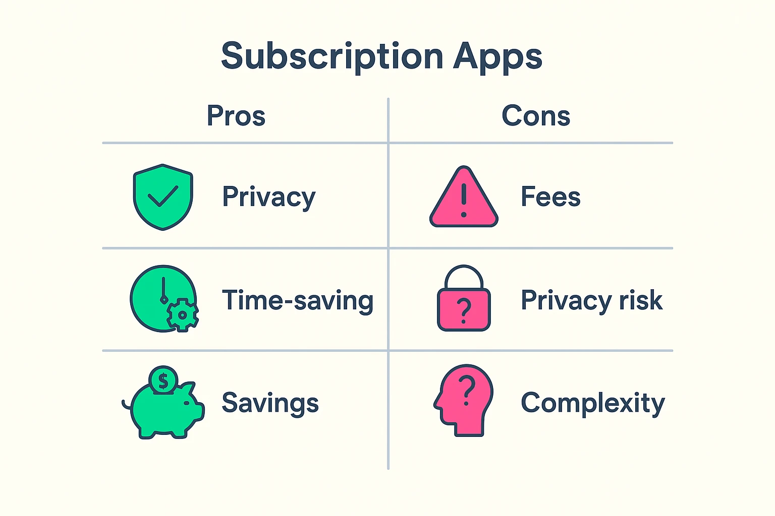 A simple comparison chart showing the pros and cons of using subscription management apps. Pros include "Saves Time" and "Finds Hidden Fees." Cons include "Privacy Concerns" and "Potential Costs."