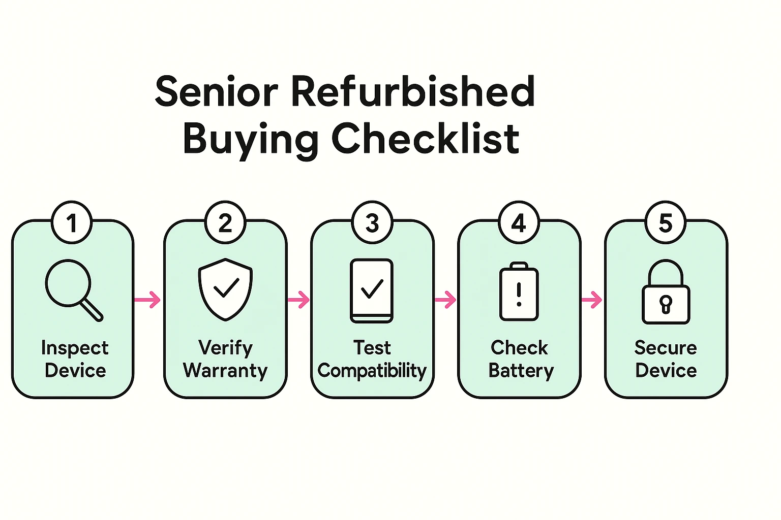 This visual guides seniors through a clear, simple five-step checklist to safely evaluate refurbished electronics before purchase.