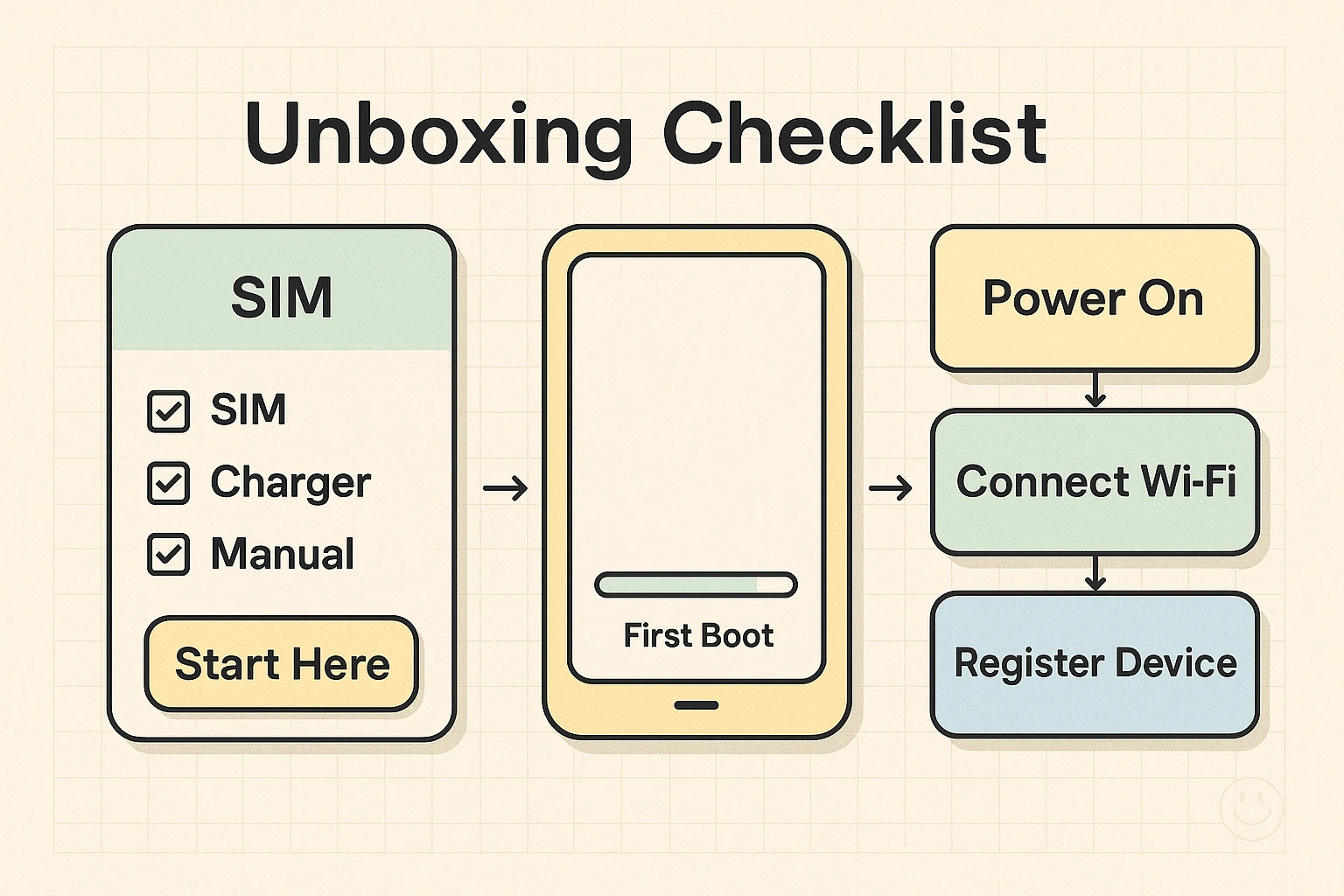 A calm, three-column unboxing guide that highlights checklist items and the three essential first steps to reduce buyer’s remorse.