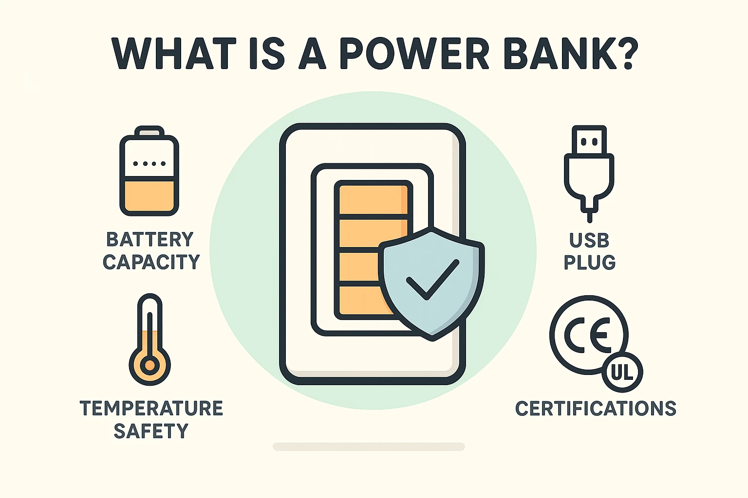 An infographic explaining the basic components of a power bank, such as input/output ports and battery cells, and highlighting important safety certification logos like UL and CE.