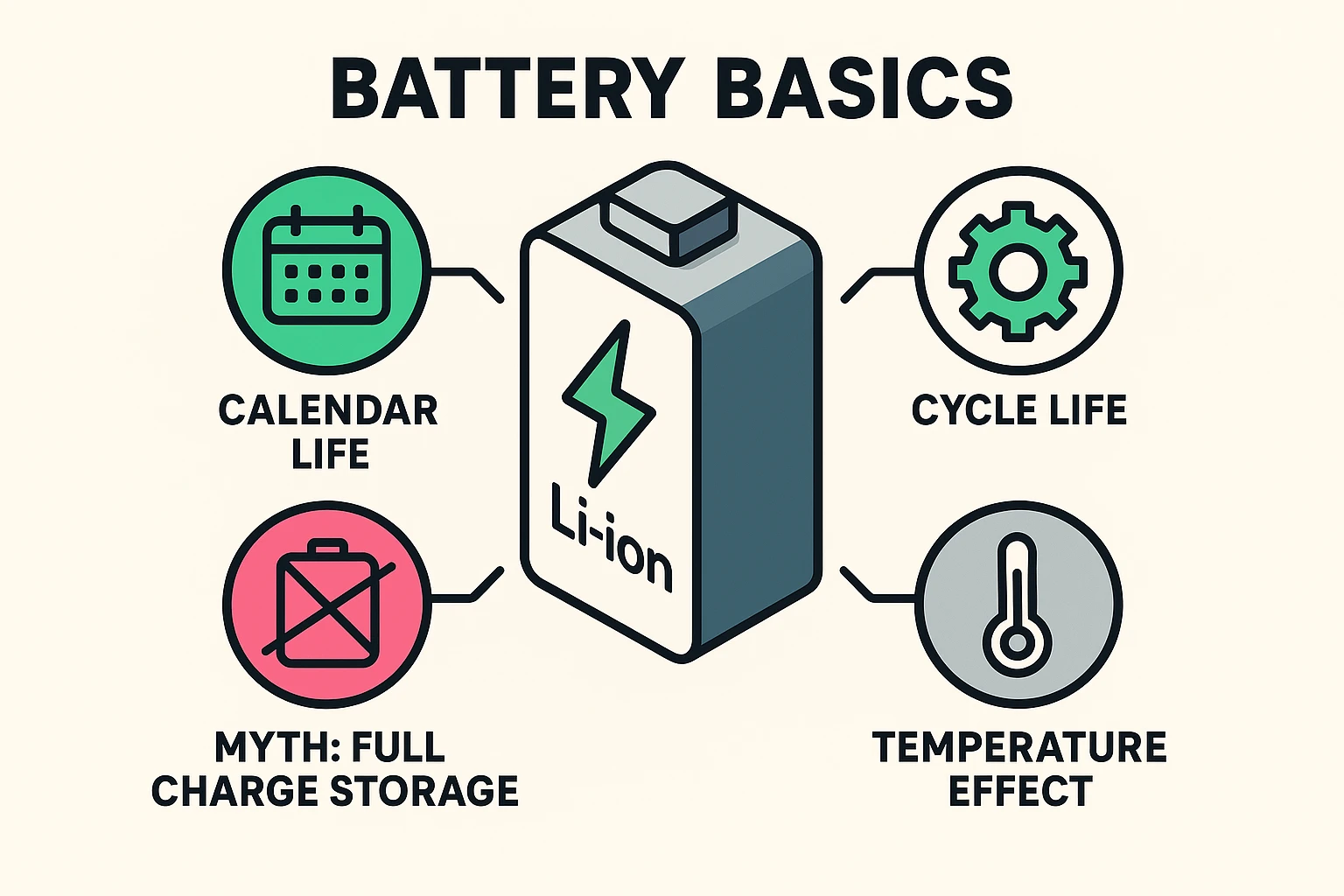 This illustration simplifies key lithium-ion battery concepts, helping seniors understand battery aging, cycle life, calendar life, and common misconceptions visually.