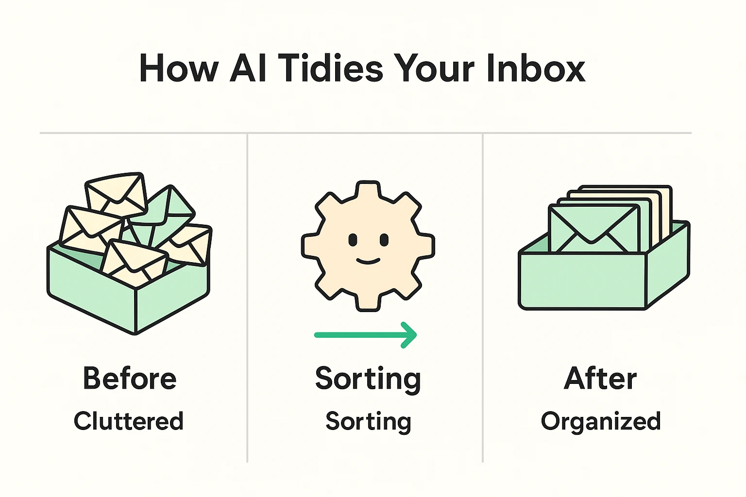 This graphic explains the step-by-step process of AI tidying an email inbox, illustrating how clutter transforms into order with AI intervention.