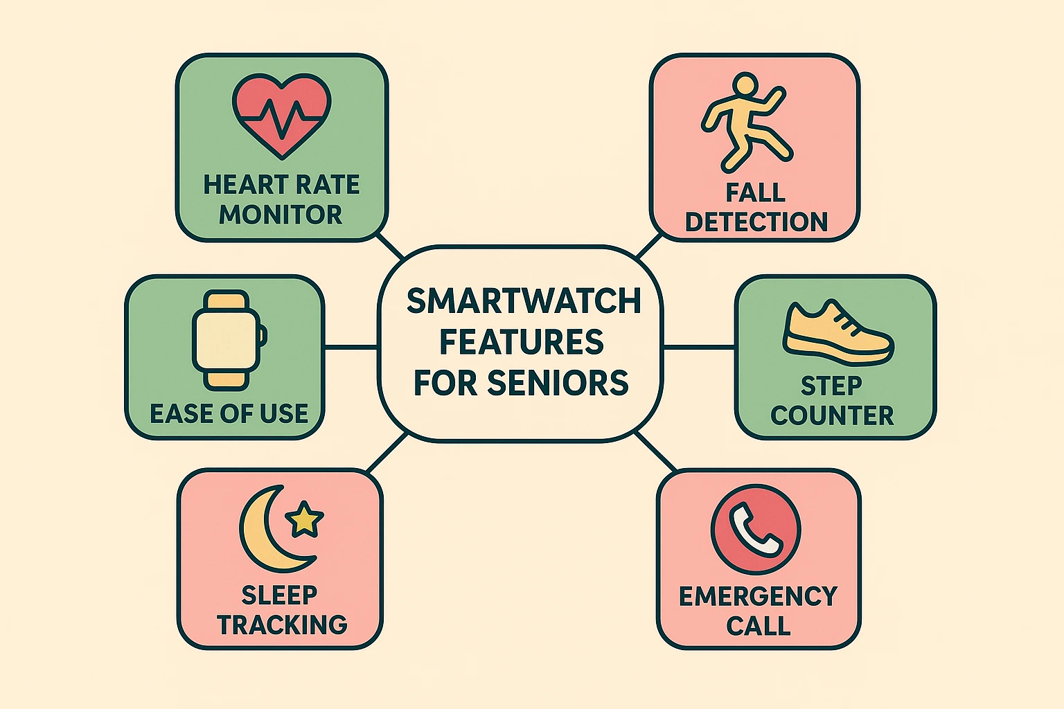 Diagram showing core features and usability highlights of smartwatches for seniors and caregivers.