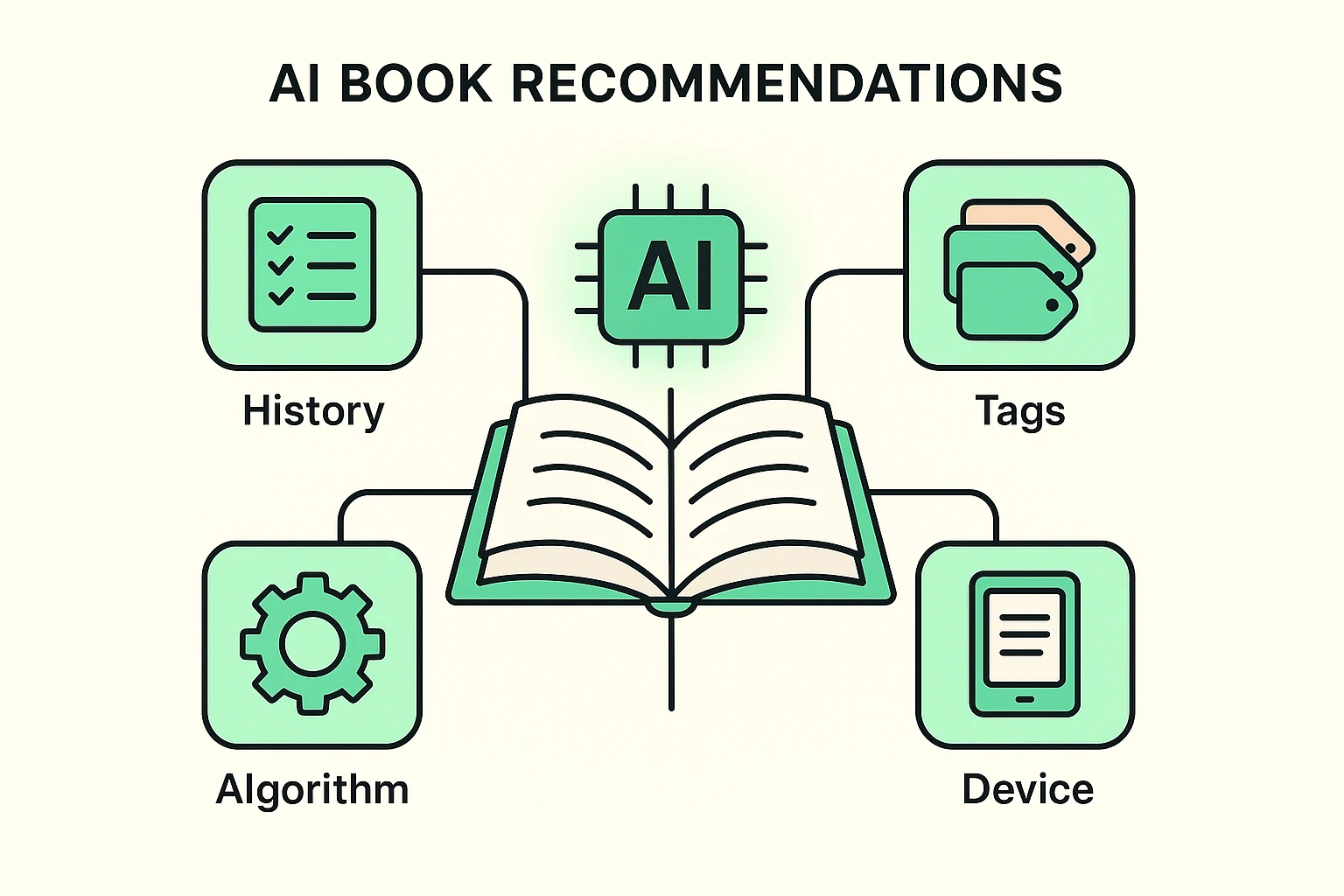 An illustration showing how AI in Libby and Hoopla uses a reader's history and preferences to suggest new books, acting as a personal digital librarian.
