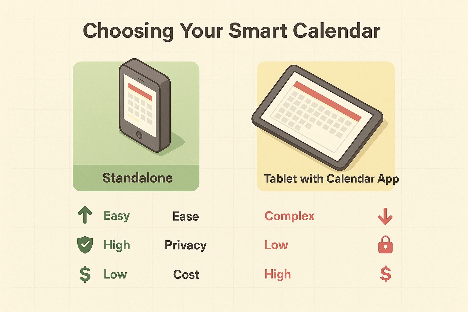 A side-by-side comparison of a dedicated smart calendar device versus a tablet app, evaluating them on ease of setup, cost, privacy, and features.