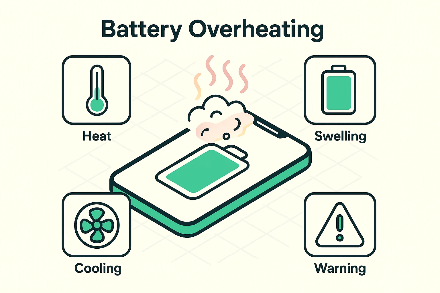 An infographic showing a smartphone with a thermometer icon indicating overheating, and another phone with a bulging, puffy battery labeled as swollen. Simple text explains that heat and swelling are warning signs of battery problems that should not be ignored.