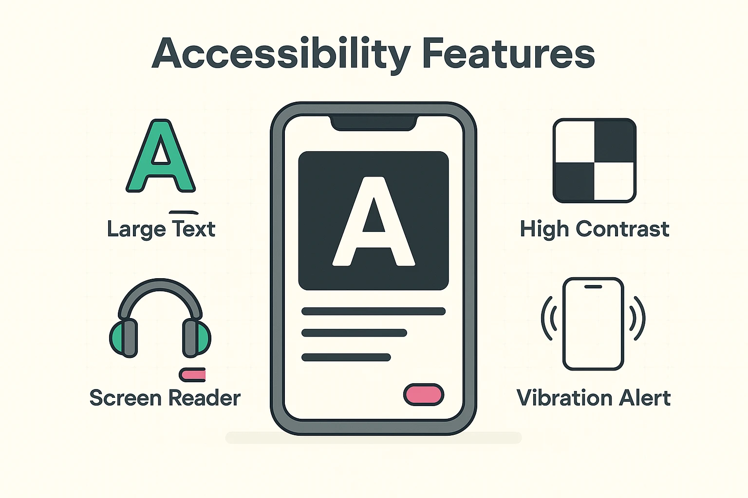 Central visual explaining main accessibility features and clarifying common myths about battery impact for seniors.
