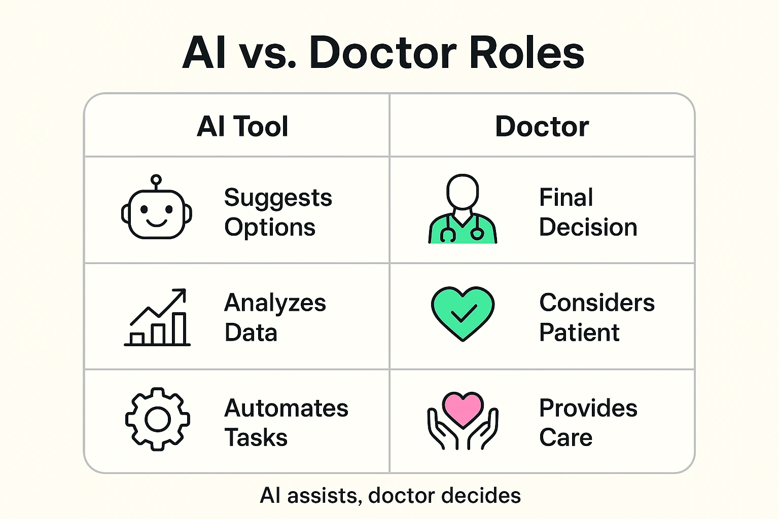 This grid clarifies the complementary roles of AI and human doctors, reassuring seniors that AI assists but the doctor makes final decisions.
