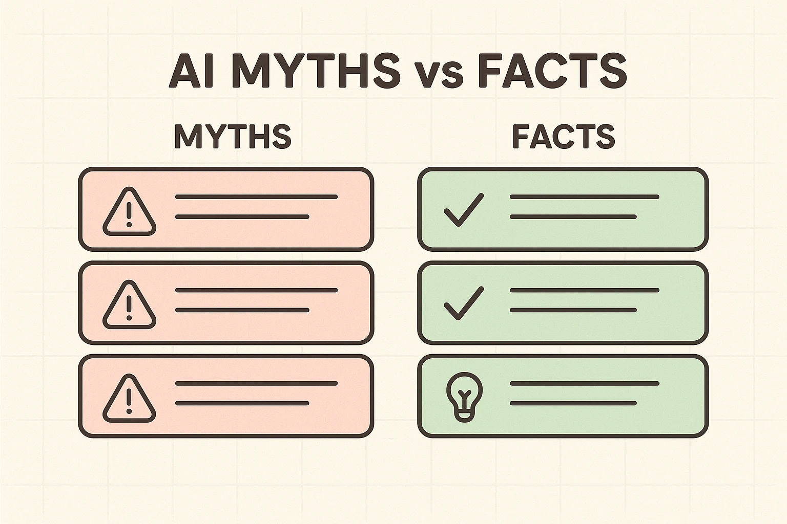 An infographic showing a split design. The left side has "Myths" with icons of robots replacing doctors and data being stolen. The right side has "Facts" with icons of doctors and AI working together and secure data locks.