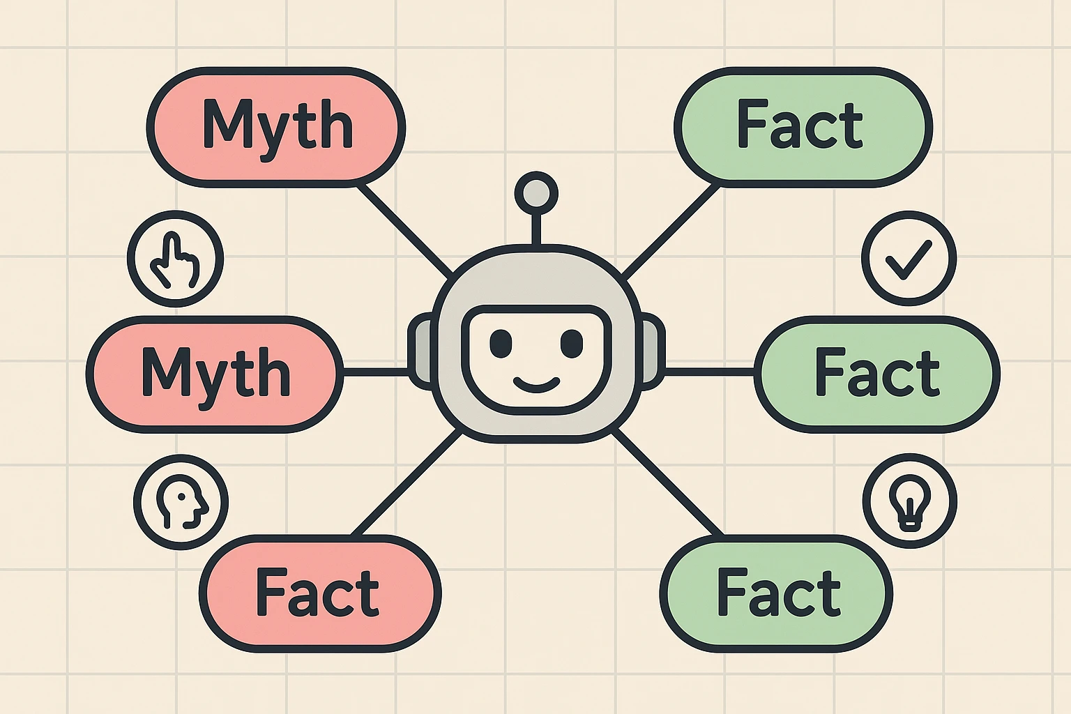 A "Myth vs. Fact" graphic. Myth: "AI will replace my family." Fact: "AI is a supplement to enhance connection." Myth: "It's too complicated." Fact: "Many are designed for simplicity." Myth: "It's spying on me." Fact: "Reputable companies have clear privacy policies."