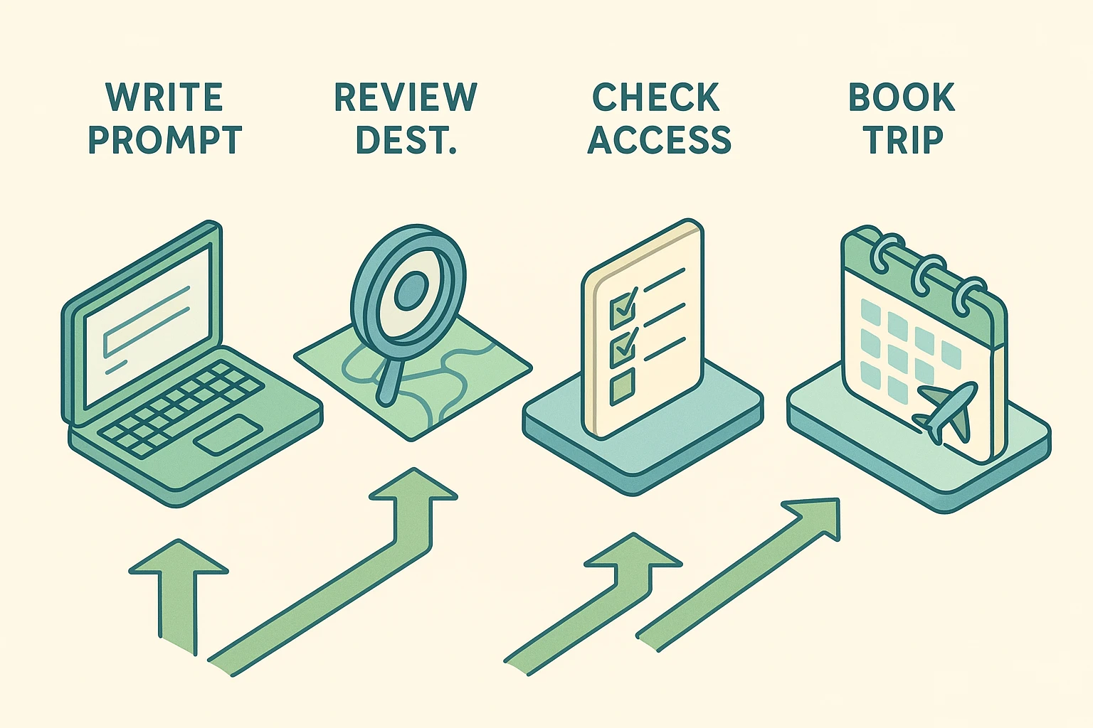 Shows the practical workflow seniors follow using AI travel plans with clear stages.