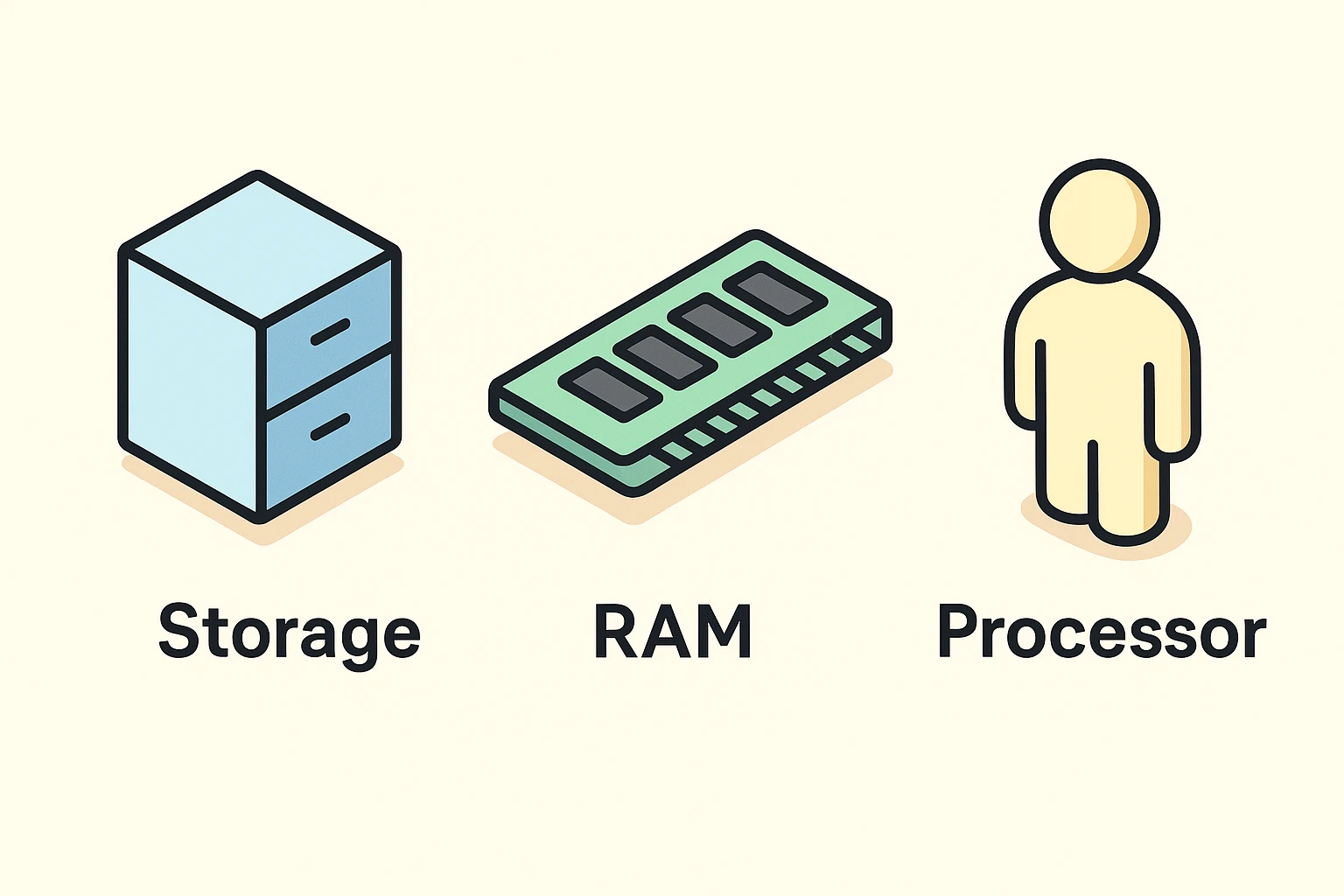 An isometric conceptual graphic illustrating core laptop components using the desk, filing cabinet, and human figure analogy to simplify RAM, storage, and processor roles for seniors.