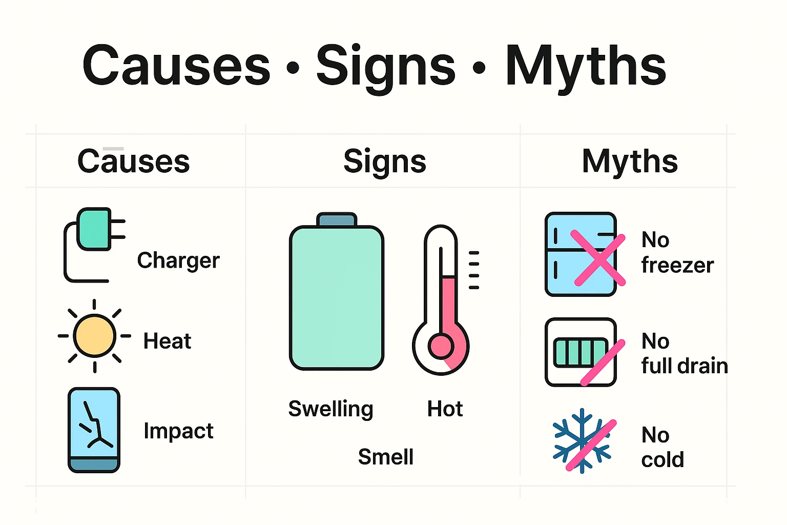 A visual guide divided into three sections. The 'Causes' section has icons for a faulty charger, a sun (for heat), and a cracked phone (for damage). The 'Signs' section shows a thermometer, a bulging battery case, and a nose icon for smell. The 'Myths' section has a crossed-out icon of a phone in a freezer and a battery draining to 0%.