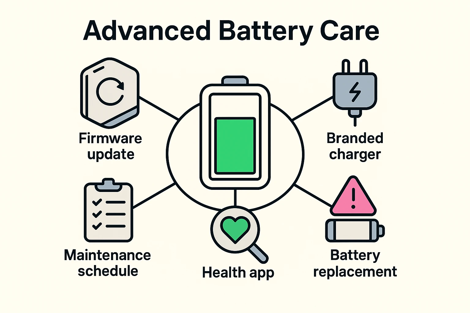 This framework visually organizes critical advanced battery care components, empowering seniors to monitor health, update devices, and plan replacements effectively.