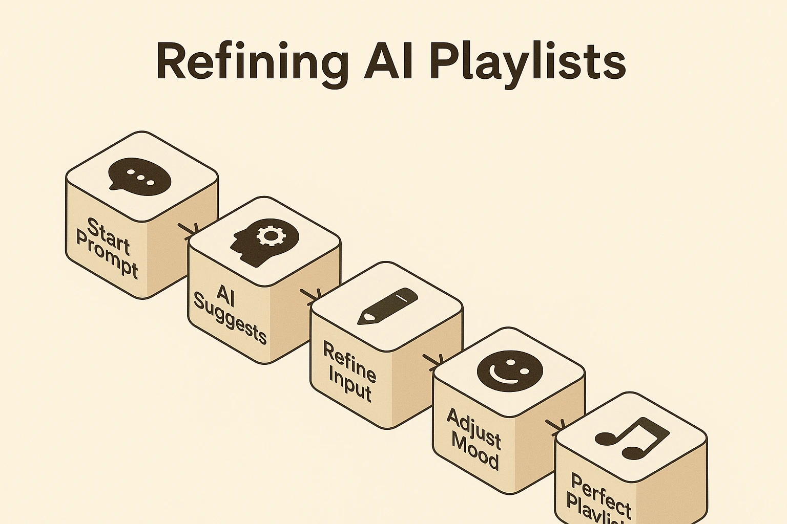 A visual flowchart showing the iterative process of creating an AI playlist: Step 1 is writing a detailed prompt, Step 2 is reviewing the AI's song suggestions, Step 3 is providing feedback like 'add more bass,' and Step 4 is receiving the final, refined playlist.