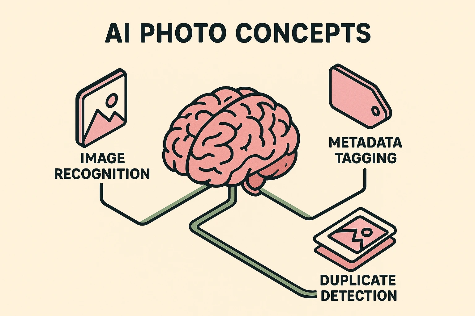 An infographic explaining the three core AI concepts for photo decluttering: Image Recognition, Automated Tagging, and Duplicate Detection.