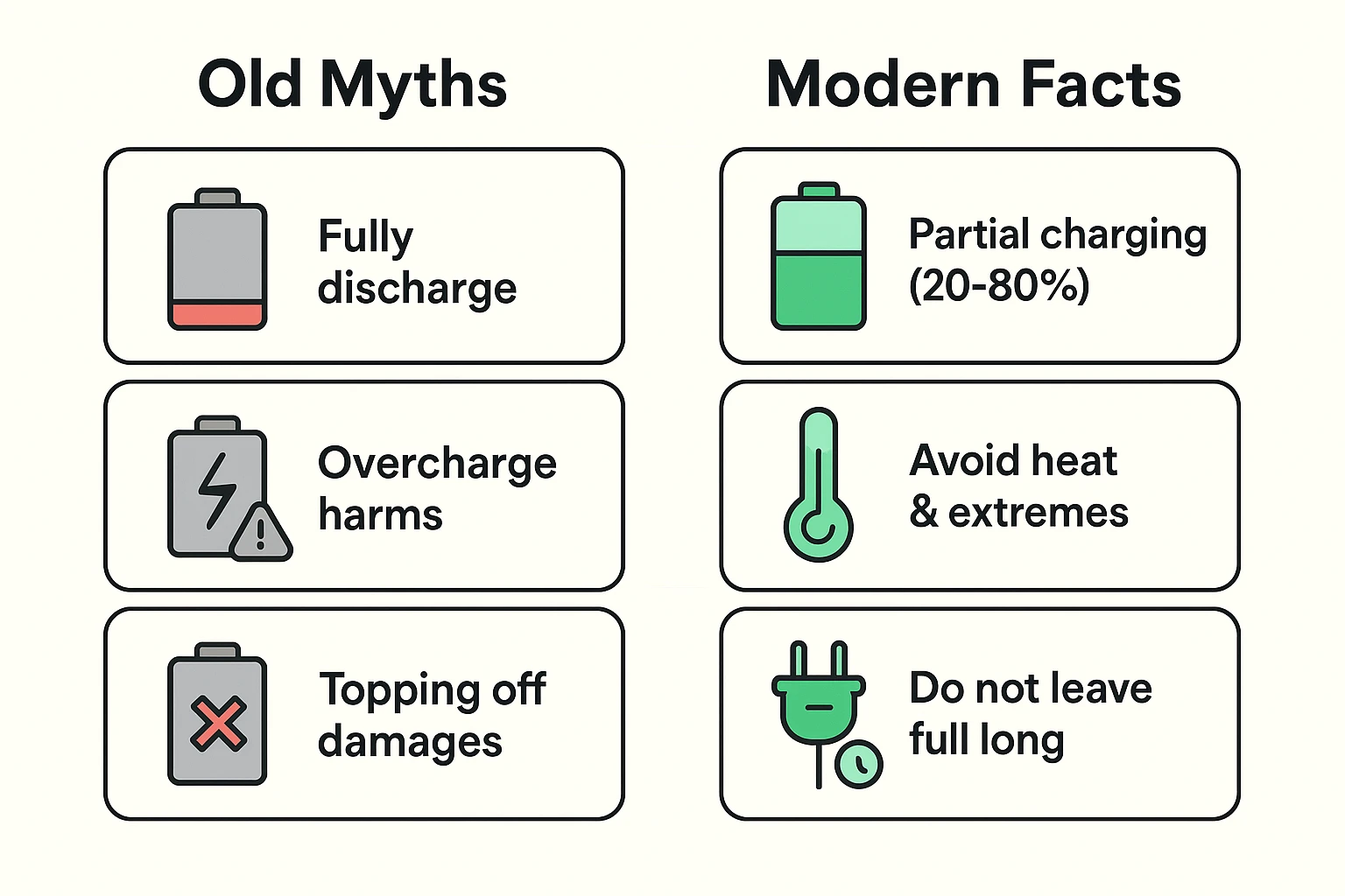 This image contrasts outdated battery myths with scientifically supported lithium-ion charging facts, helping beginners distinguish harmful habits from optimal practices.