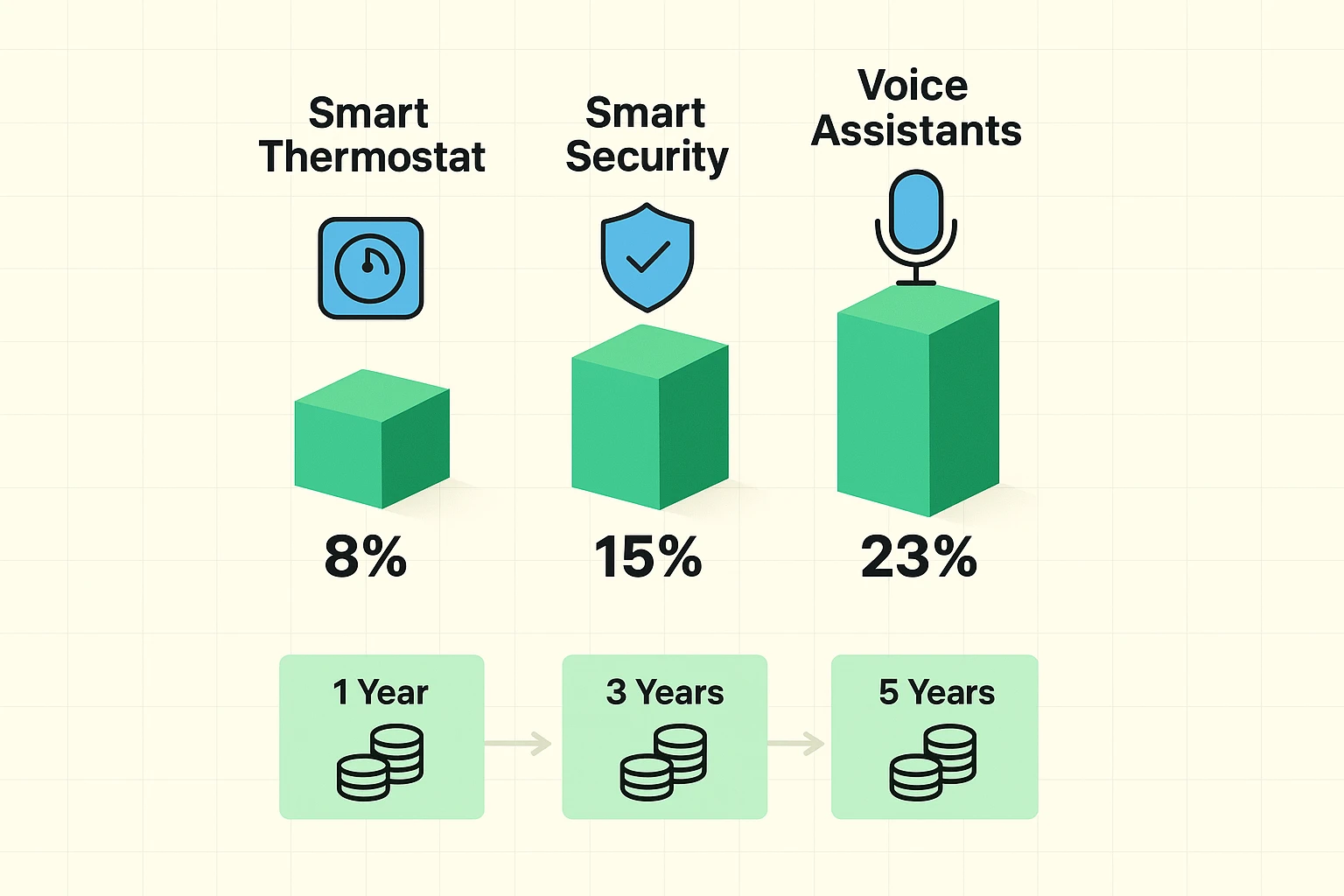 A chart comparing the initial cost of smart devices (Thermostat, Lighting, Plugs) against their potential annual energy savings, showing a Return on Investment (ROI) timeline. For example, a $150 thermostat saving $120/year has an ROI of about 15 months.