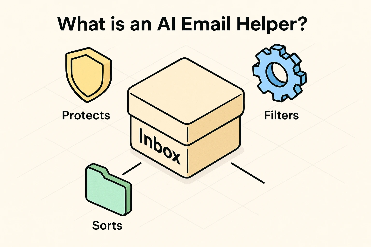 This visual introduces the AI email helper concept by presenting inbox management as a central hub with AI processing, privacy, and organization.