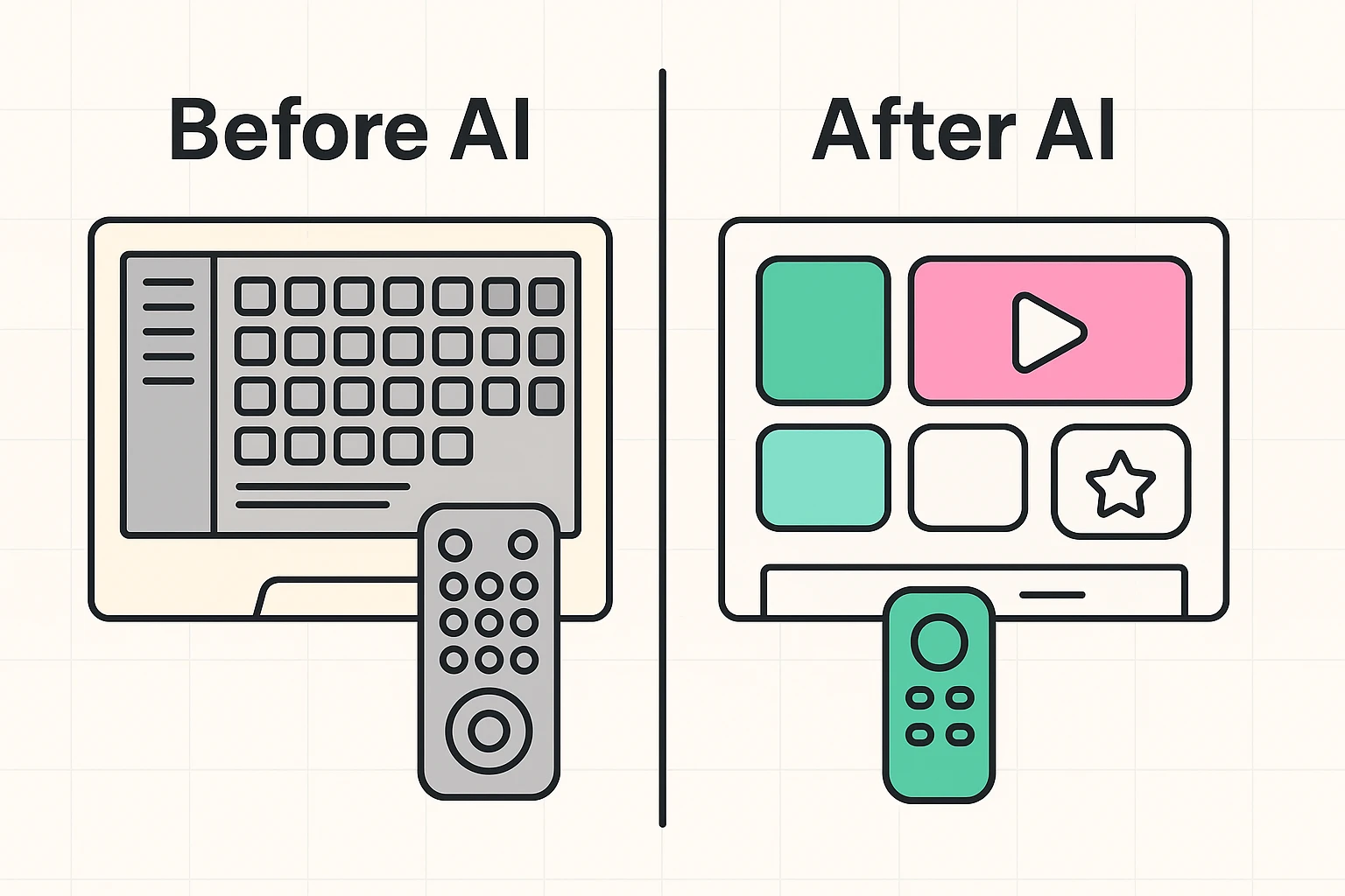 Shows how AI personalization transforms confusing, cluttered smart TV menus into clear, accessible layouts tailored for seniors’ ease of use.