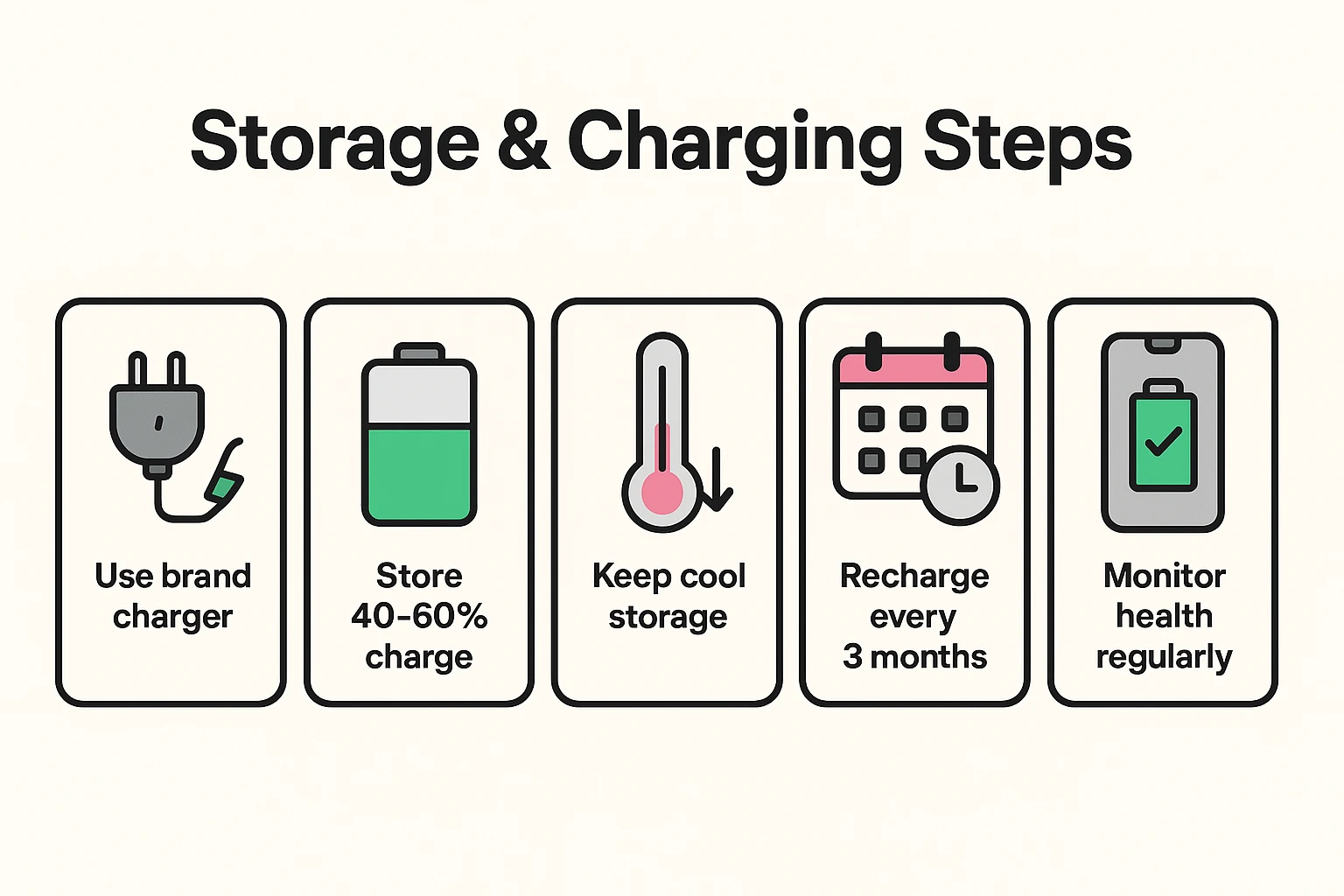 This step-by-step flow guides seniors through safe storage and charging routines, highlighting ideal charge levels, temperature, and scheduling recharge intervals.