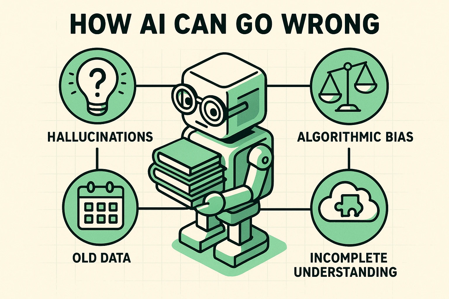 This visual explains core AI health advice failure modes using approachable metaphors, helping seniors understand why AI-generated advice can sometimes be inaccurate or misleading.