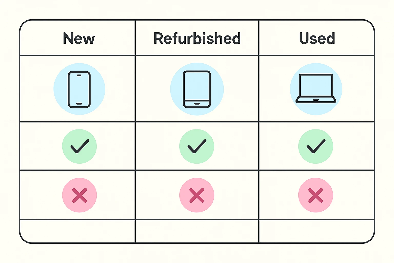 A comparison grid showing the pros and cons of buying new, refurbished, and used devices, covering cost, condition, warranty, and environmental impact.