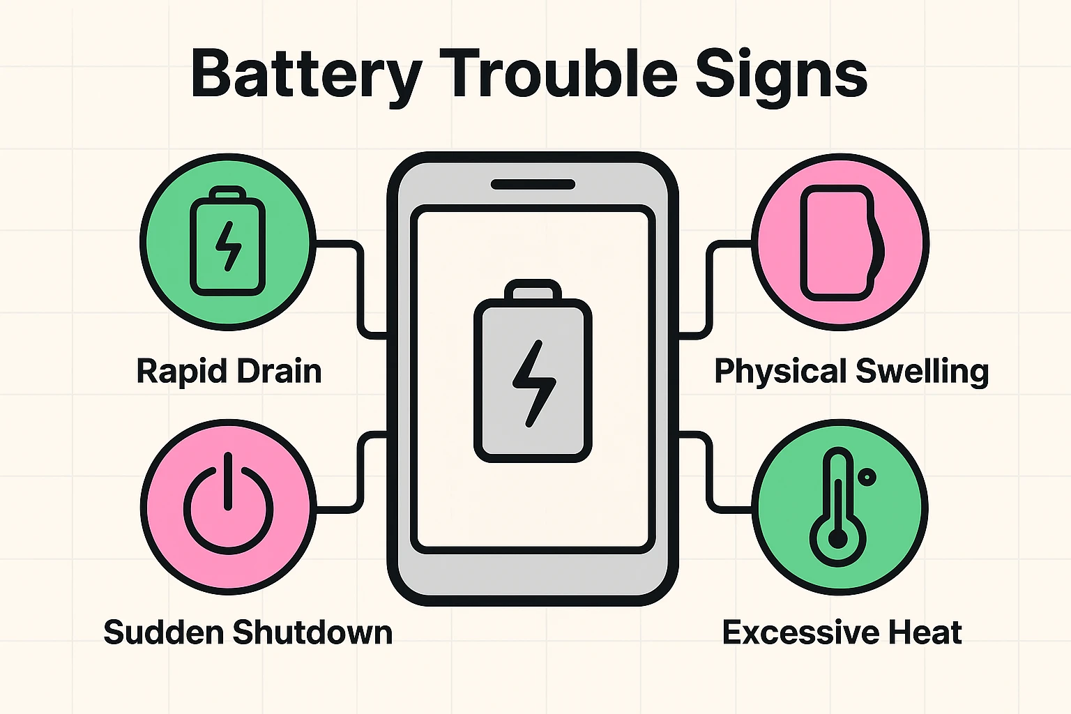 Diagram showing the main signs of a dying battery: sudden shutdown, rapid drain, overheating, and swelling.