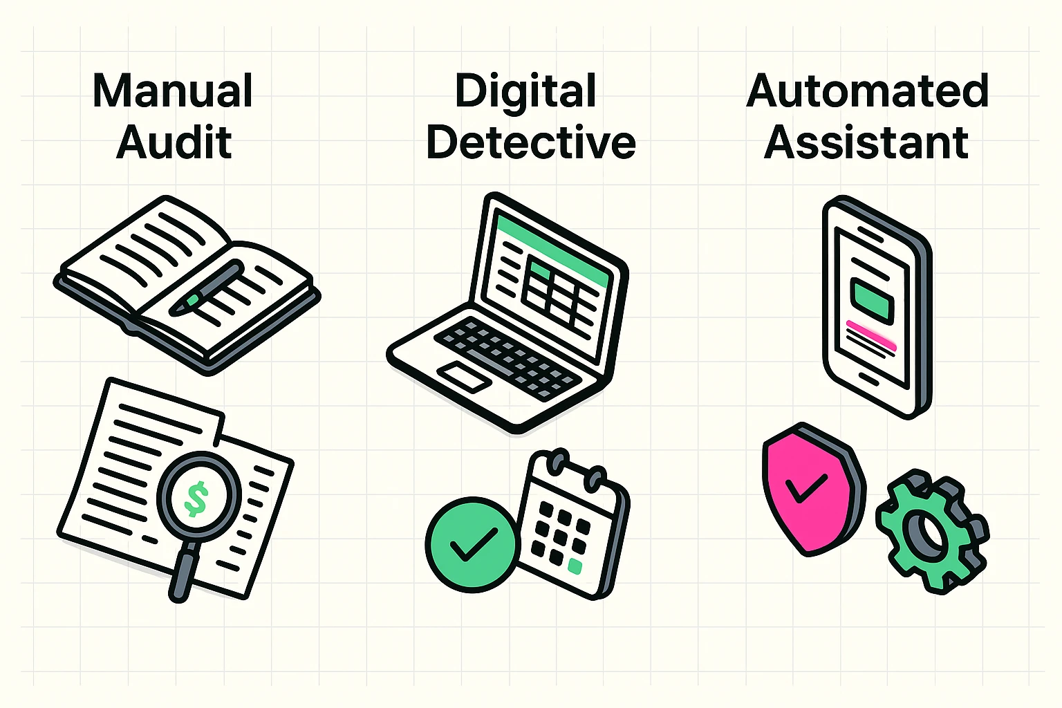 This comparison illustrates the three main methods seniors can use to track subscriptions, from no-tech manual to app-based solutions.