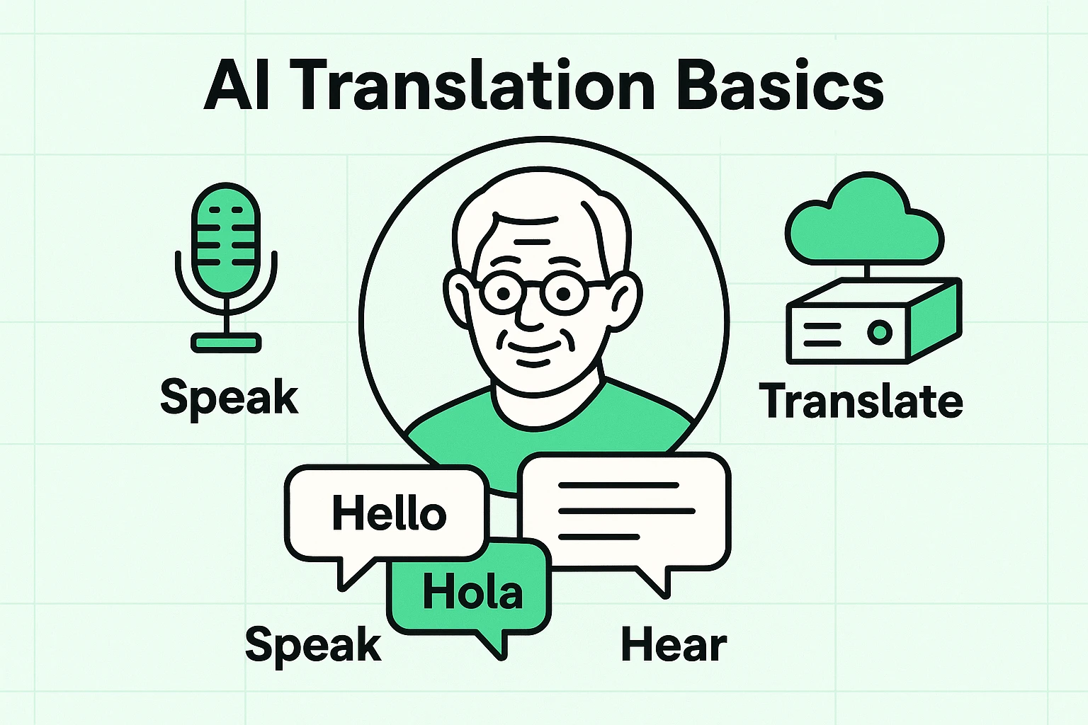 This visual explains the basics of AI-powered real-time language translation, illustrating how spoken words are processed and translated live to bridge language gaps for seniors.