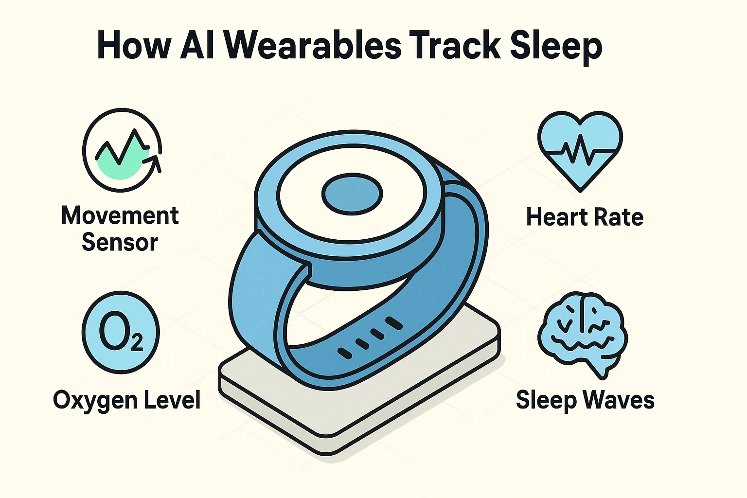 An illustration of the core sensors in an AI wearable, showing an accelerometer for movement, an optical heart rate sensor for heart rate and HRV, and a temperature sensor. Each sensor has a brief, simple explanation of its function.
