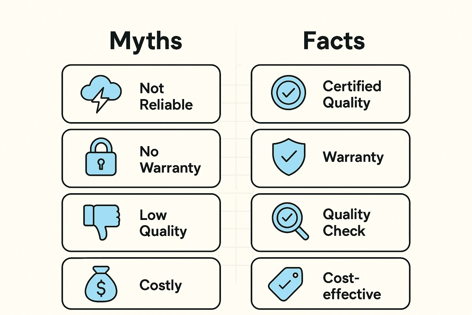 A clear side-by-side comparison dispelling myths about refurbished tech and highlighting verified facts to build trust for senior buyers.