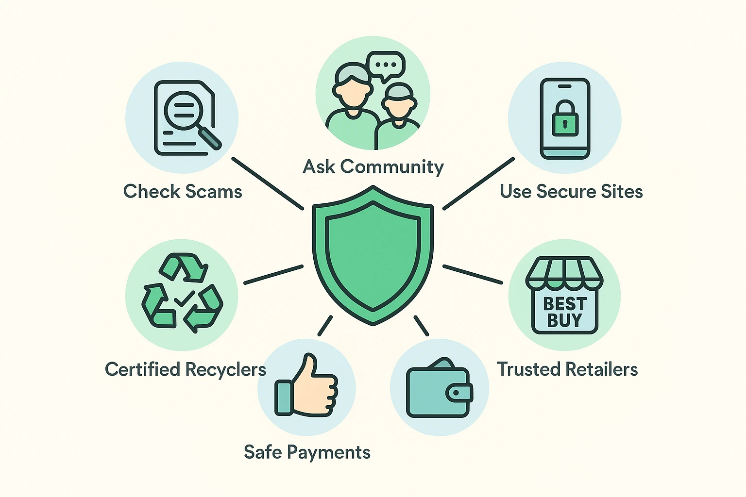 Diagram highlighting key strategies and trusted resources for seniors to avoid scams and transact safely when selling or recycling old gadgets.