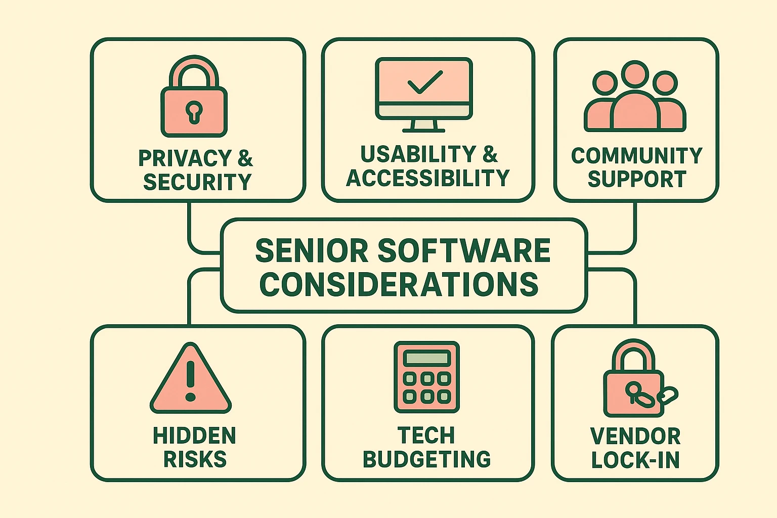 A framework highlighting senior software considerations for privacy, usability, and budgeting.