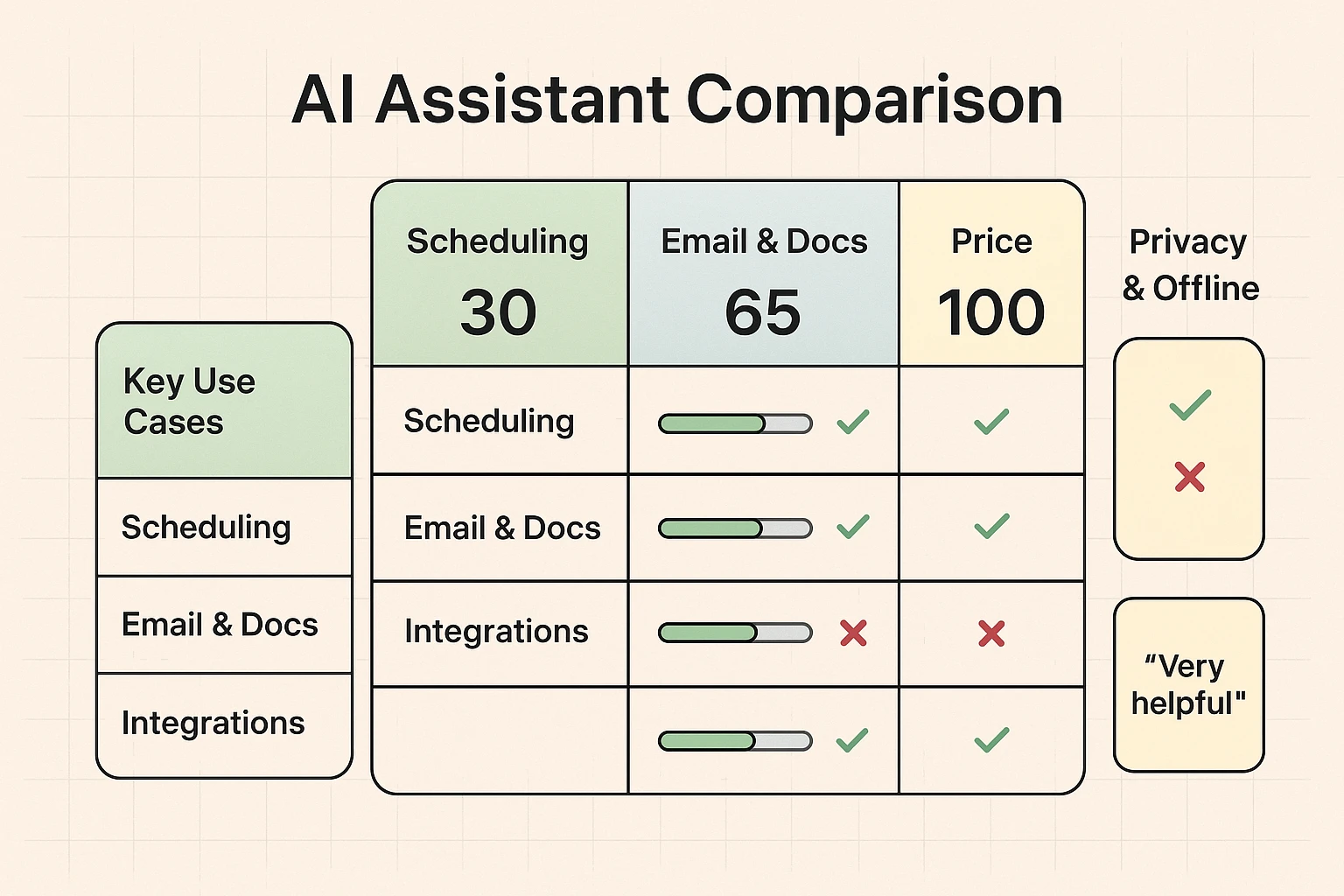 A chart comparing the features of different AI assistants, including scheduling, email integration, and privacy controls.