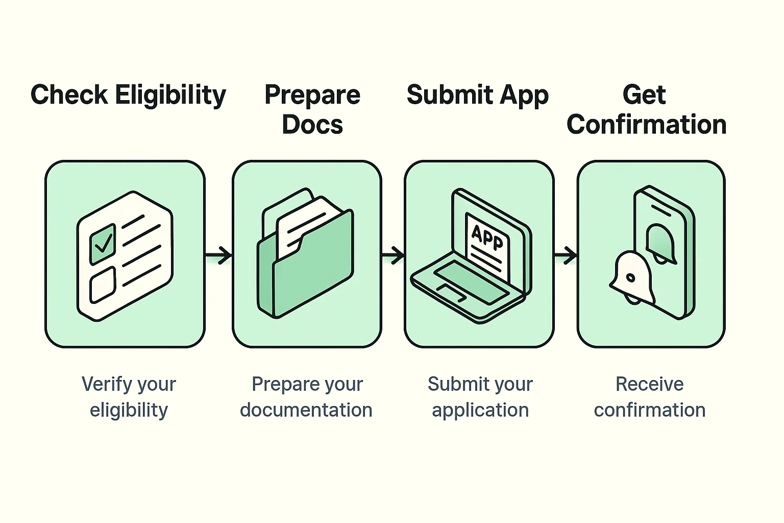 A flowchart illustrating the simple steps to applying for a senior discount: 1. Identify Eligibility (Age, Income, Membership), 2. Gather Documents (ID, Proof of Income, etc.), 3. Contact Provider, 4. Ask Key Questions, 5. Confirm Discount on Bill.