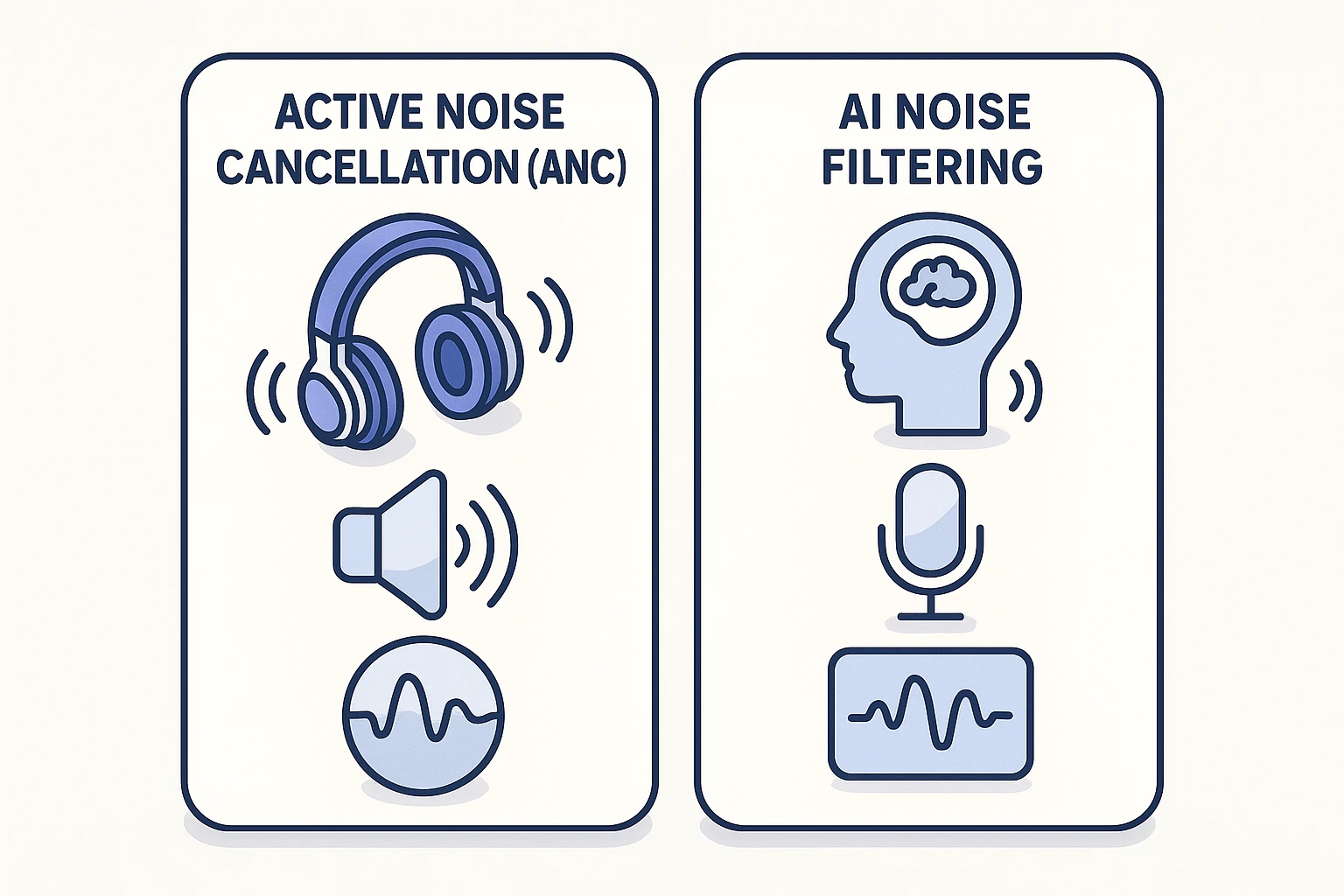 A simple two-panel graphic. The left panel, labeled "Active Noise Cancellation (ANC)," shows a sound wave of an airplane engine being met by an opposite "anti-noise" wave, resulting in a flat line labeled "Silence." The right panel, labeled "AI Filtering," shows multiple sound waves (chatter, clinking glasses, a clear voice) entering a box labeled "AI Brain." An arrow points from the clear voice wave out of the box, labeled "Speech Enhanced."