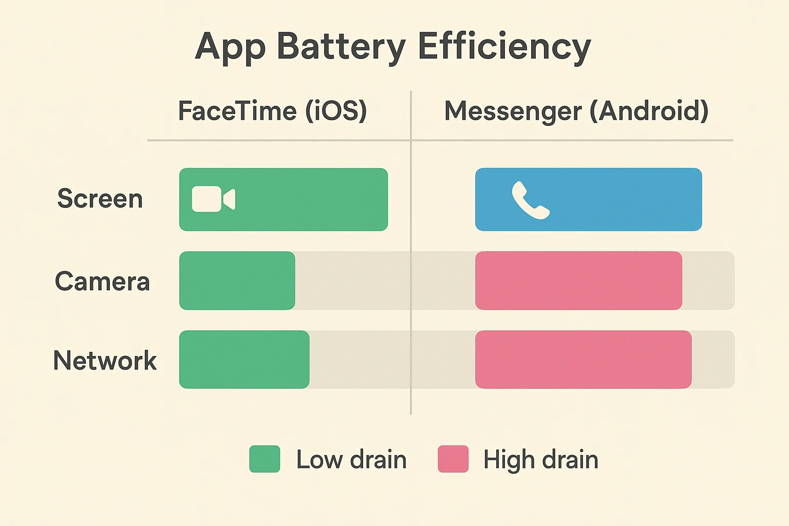 Comparison chart showing how different video call apps impact battery usage across key components, helping seniors choose energy-efficient options.