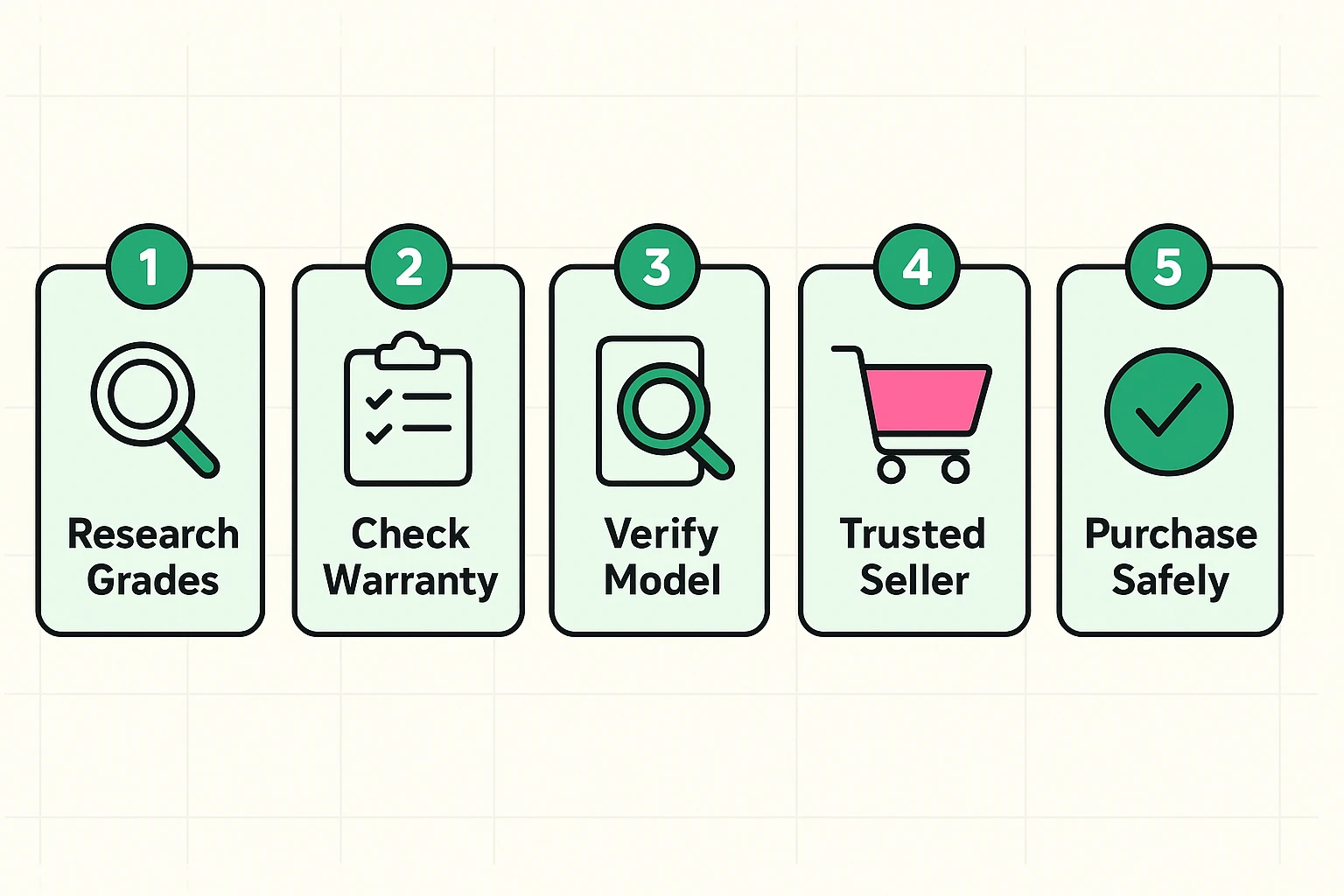 A flowchart showing the steps to safely buying refurbished technology: Research Trusted Sellers, Check Warranty & Return Policy, Understand the Grade, and Verify the Device.