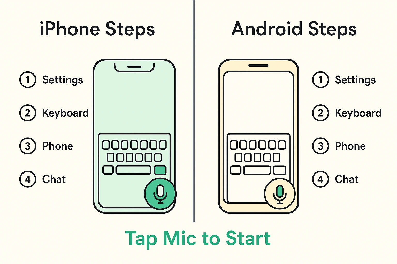 A side-by-side visual guide for iPhone and Android. The iPhone side shows a finger pointing to the microphone icon on the bottom right of the keyboard. The Android side shows a finger pointing to a similar microphone icon on the top right of the Gboard keyboard.