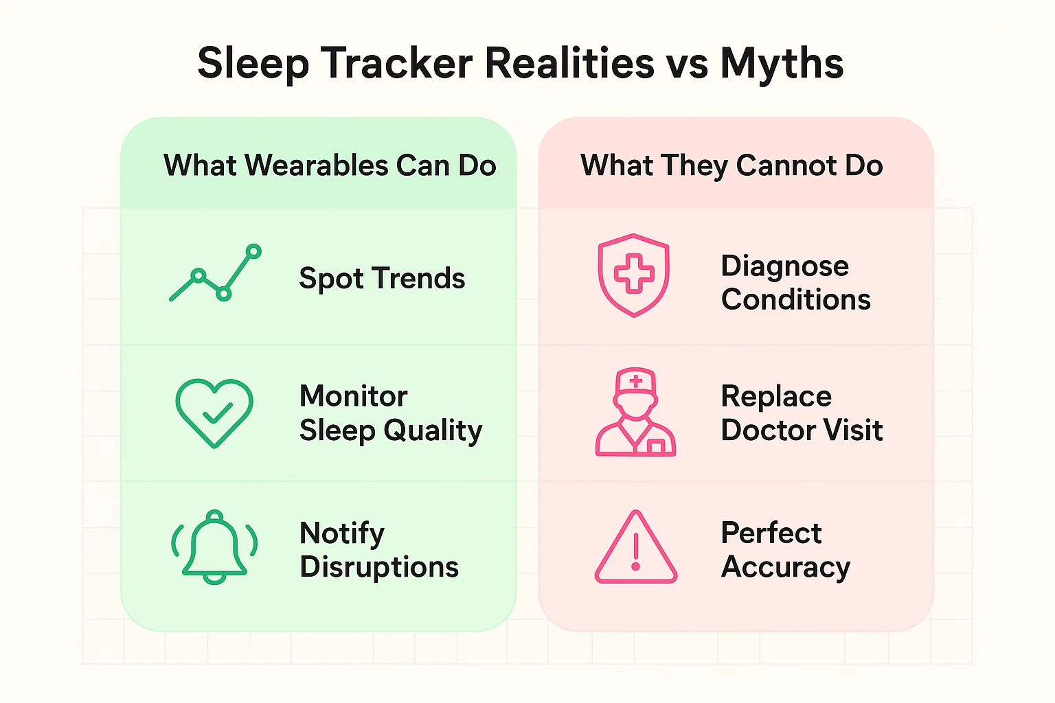 A simple two-column graphic. The left column, labeled "What Wearables CAN Do," has checkmarks next to points like "Spot Trends Over Time," "Track Sleep Stages & Duration," and "Connect Lifestyle to Sleep Quality." The right column, "What Wearables CANNOT Do," has 'X' marks next to points like "Diagnose Medical Conditions (like sleep apnea)," "Replace a Doctor's Advice," and "Be 100% Accurate Every Night."