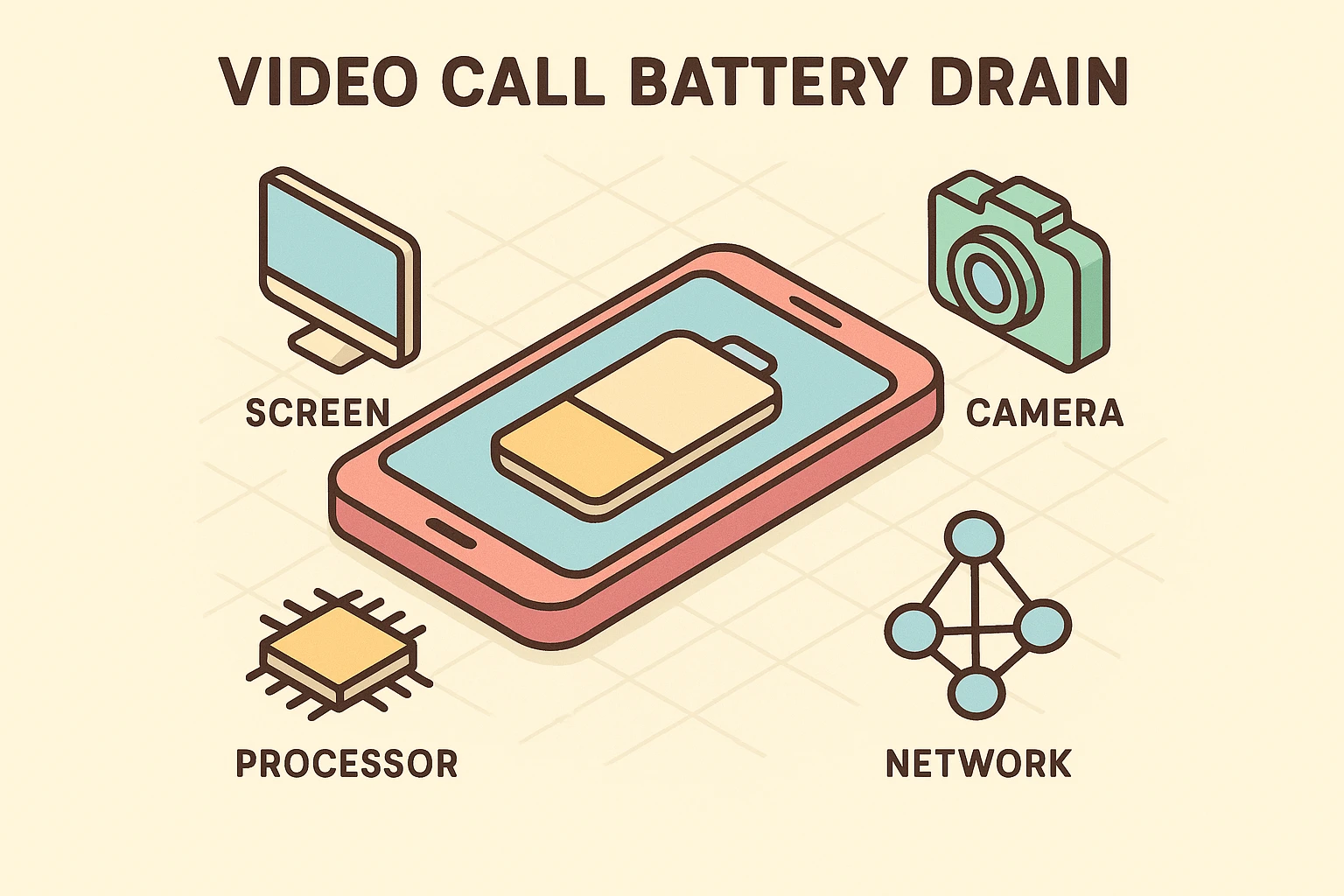 Visual explanation of how video call components drain battery, simplified for seniors.
