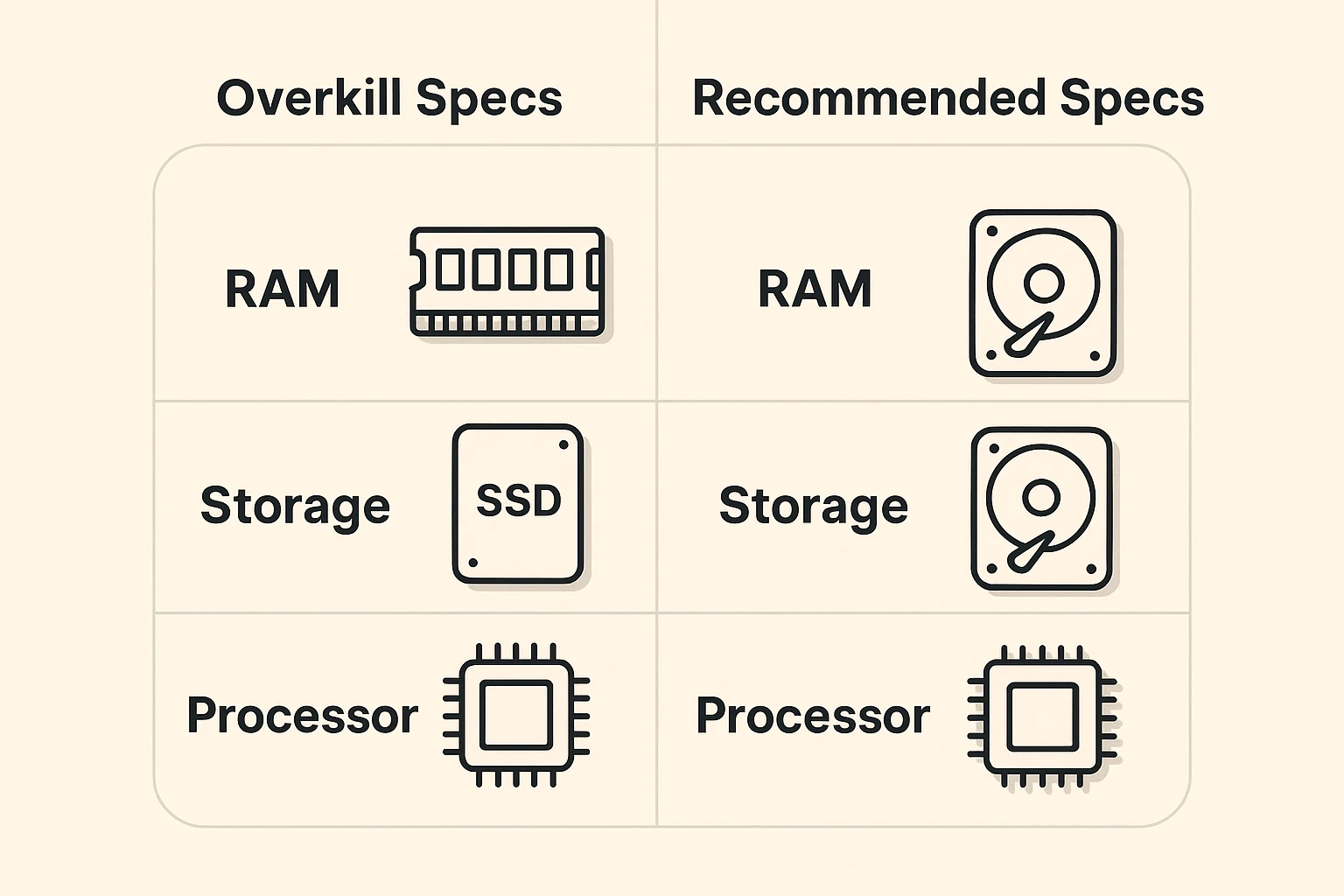 A side-by-side comparison clarifying excessive laptop specifications versus practical recommendations tailored for seniors, aiding smarter purchase decisions.