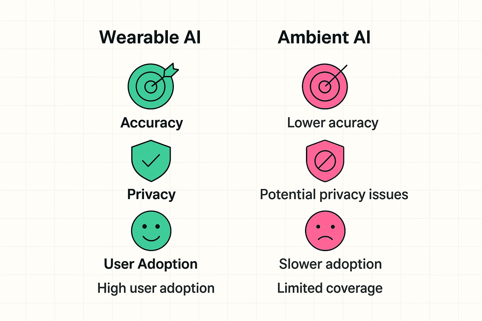 A table comparing wearable and ambient fall detection systems. Columns include Key Factors (Accuracy, Privacy, User Adoption, Coverage), Wearable Systems (Pros: High accuracy with jolt, Cons: Must be worn/charged), and Ambient Systems (Pros: Always on, Cons: Room-specific, privacy concerns).