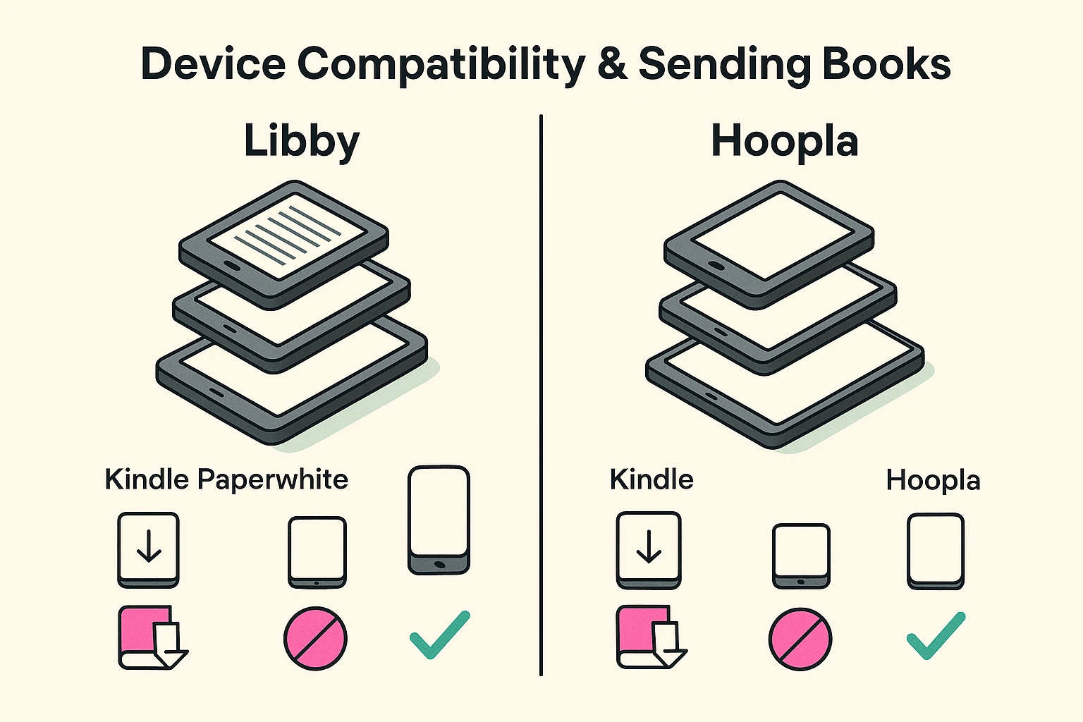 A graphic showing different devices like Kindle Paperwhite, smartphones, and tablets, with checkmarks and X's indicating their compatibility with Libby and Hoopla for sending and reading library books.