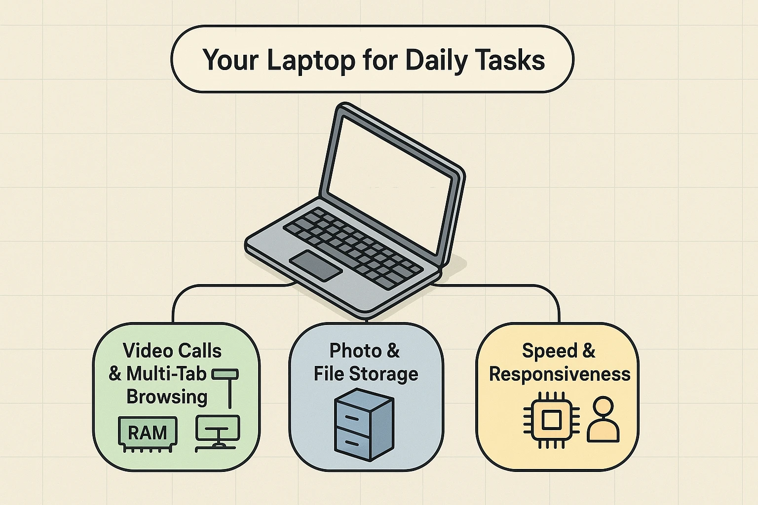 A framework map linking typical senior computer activities to tailored laptop specifications, providing clear recommendations on RAM, storage, and processor needs.